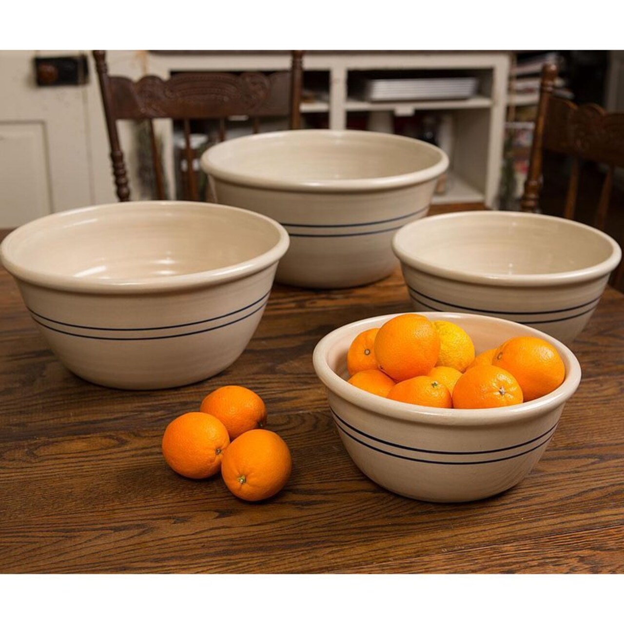 Martinez Pottery Heritage Blue Stripe Stoneware Mixing Bowls USA Made Set of 4